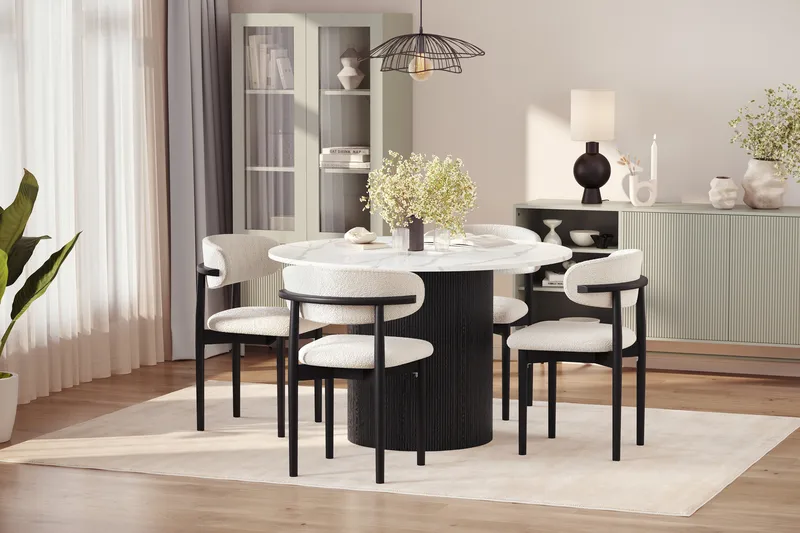 Uppveda Spisebord 120 cm Rund med 4 stk Jaiveer Matstkolar - Svart/Hvit - Møbler - Bord - Spisegrupper