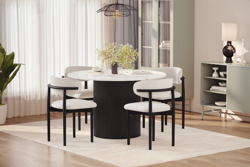 Uppveda Spisebord 120 cm Rund med 4 stk Jaiveer Matstkolar - Svart/Hvit - Møbler - Bord - Spisegrupper