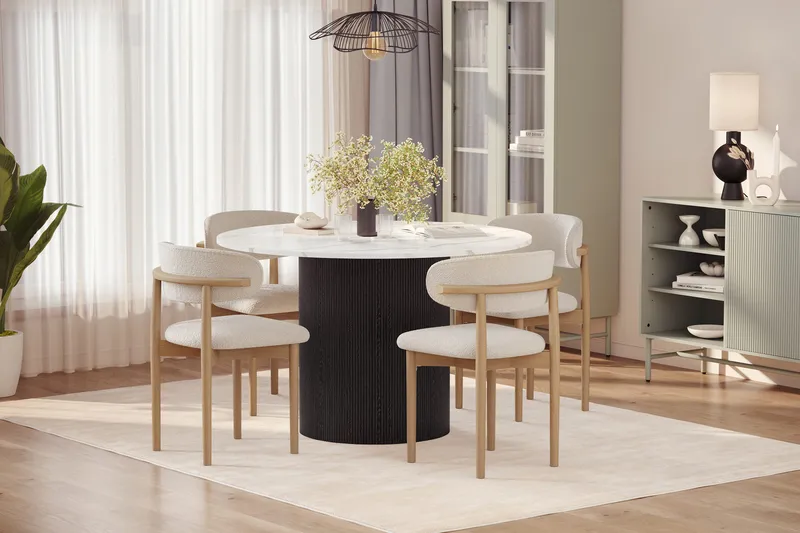 Uppveda Spisebord 120 cm Rund med 4 stk Jaiveer Matstkolar - Svart/Hvit - Møbler - Bord - Spisegrupper