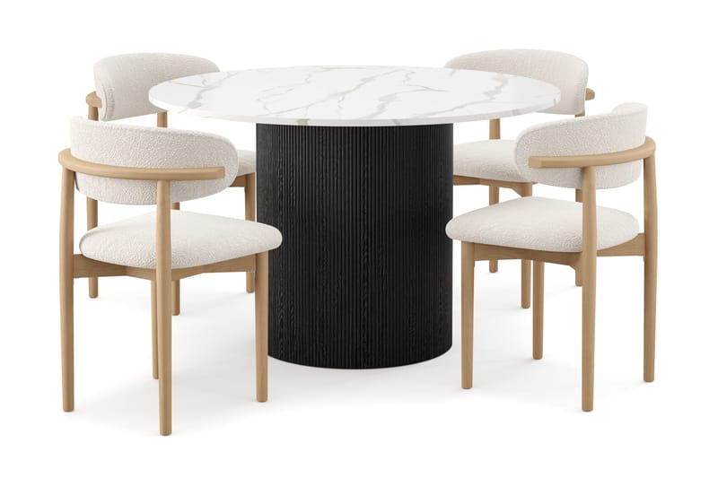 Uppveda Spisebord 120 cm Rund med 4 stk Jaiveer Matstkolar, Svart/Hvit
