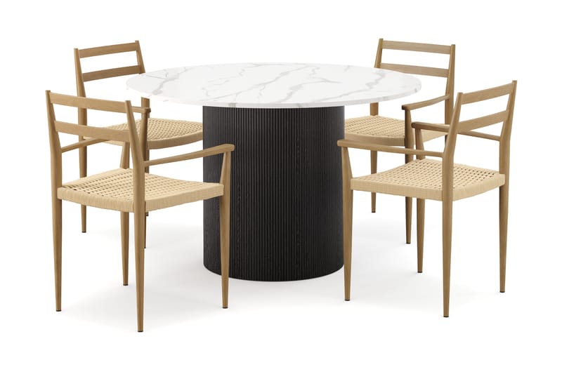 Uppveda Spisebord 120 cm Rund med 4 stk Jamna Karmstkolar, Svart/Hvit
