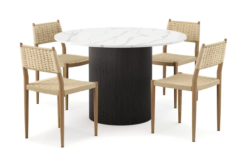 Uppveda Spisebord 120 cm Rund med 4 stk Jamna Matstkolar, Svart/Hvit