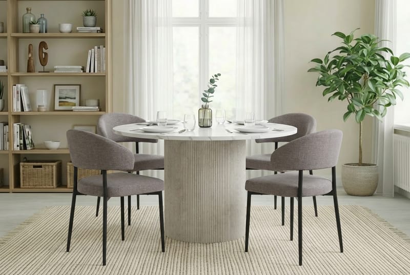 Uppveda Spisebord 120 cm Rundt Hvit med 4 Sawako Greige Stoler - Hvit/Greige - Møbler - Bord - Spisegrupper