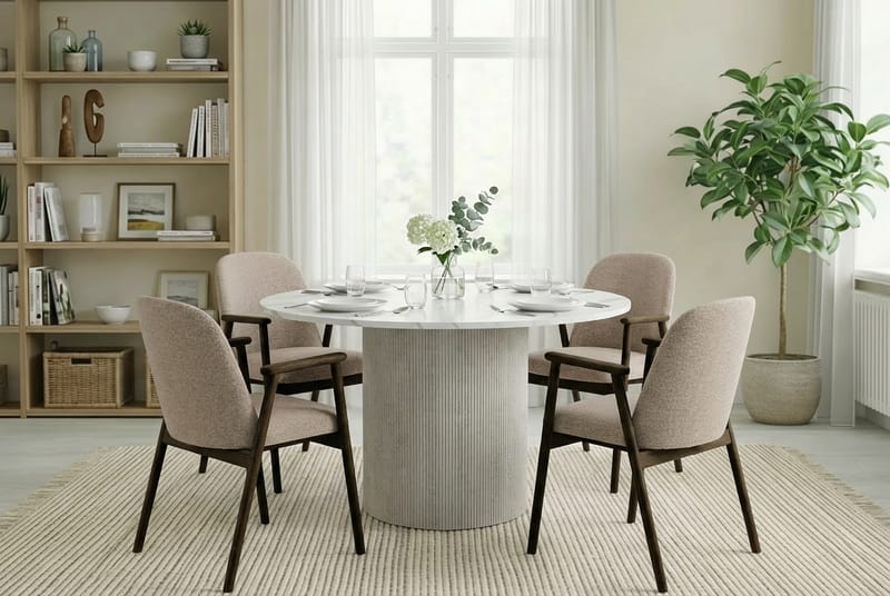 Uppveda Spisebord 120 cm Rundt Hvitt med 4 Reciclar Spisestoler - Hvit/Greige - Møbler - Bord - Spisegrupper