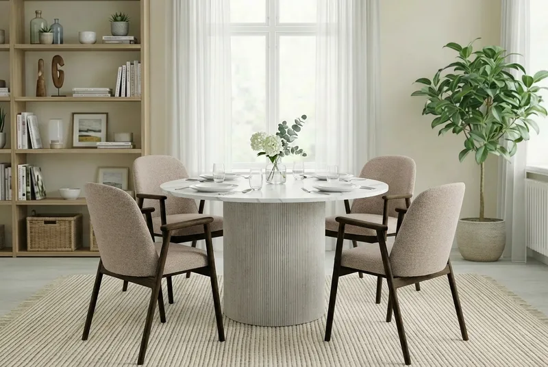 Uppveda Spisebord 120 cm Rundt Hvitt med 4 Reciclar Spisestoler - Hvit/Greige - Møbler - Bord - Spisegrupper