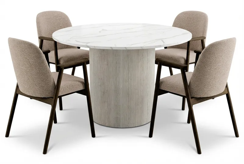 Uppveda Spisebord 120 cm Rundt Hvitt med 4 Reciclar Spisestoler, Hvit/Greige