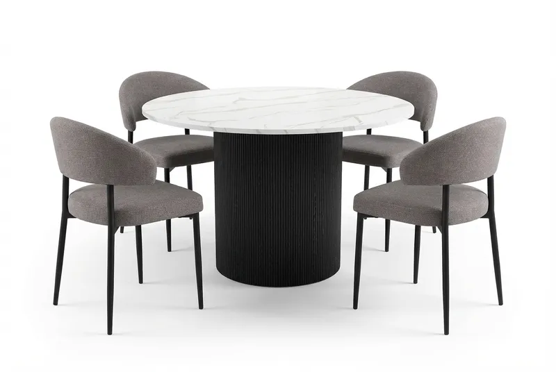 Uppveda Spisebord 120 cm Rundt Svart med 4 Sawako Greige Stoler - Svart/Hvit/Greige - Møbler - Bord - Spisegrupper