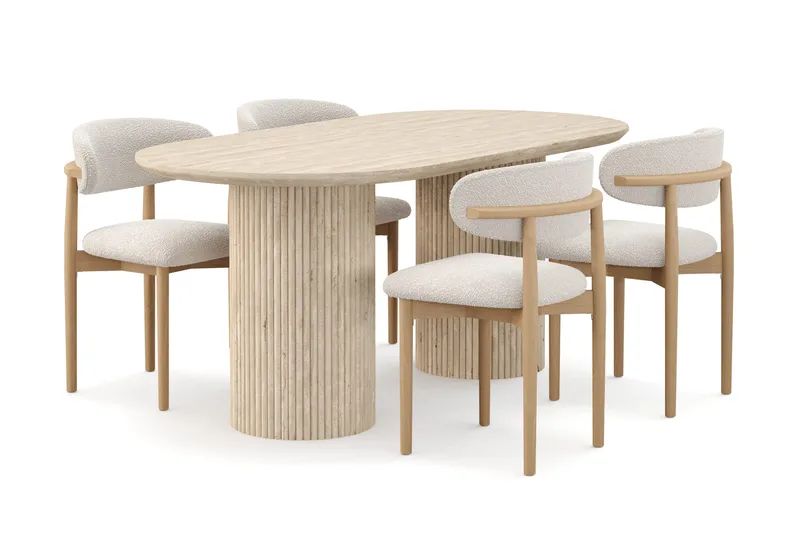 Uppveda Spisebord med travertin-look med 4 stk Jaiveer Spisestoler, Beige