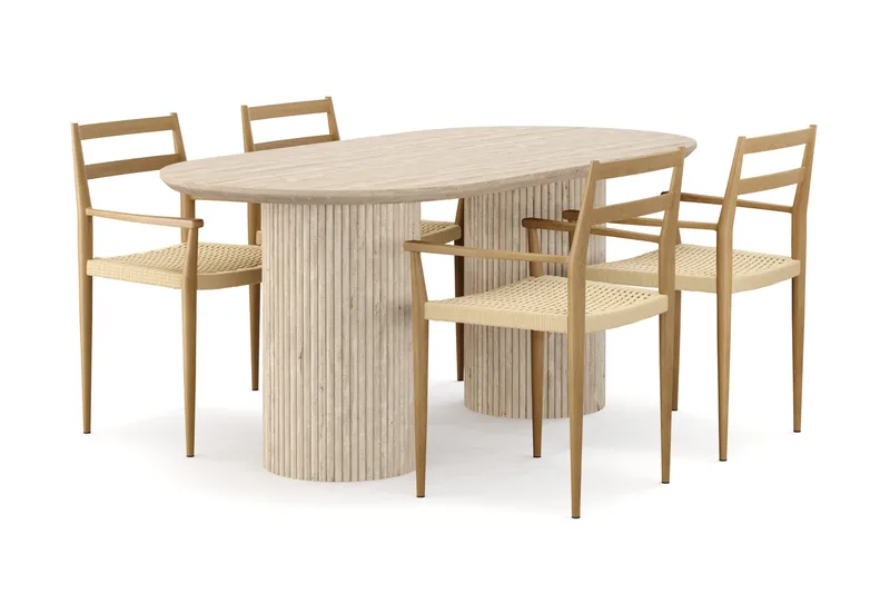 Uppveda Spisebord med travertin-look med 4 stk Jamna Armstoler, Beige
