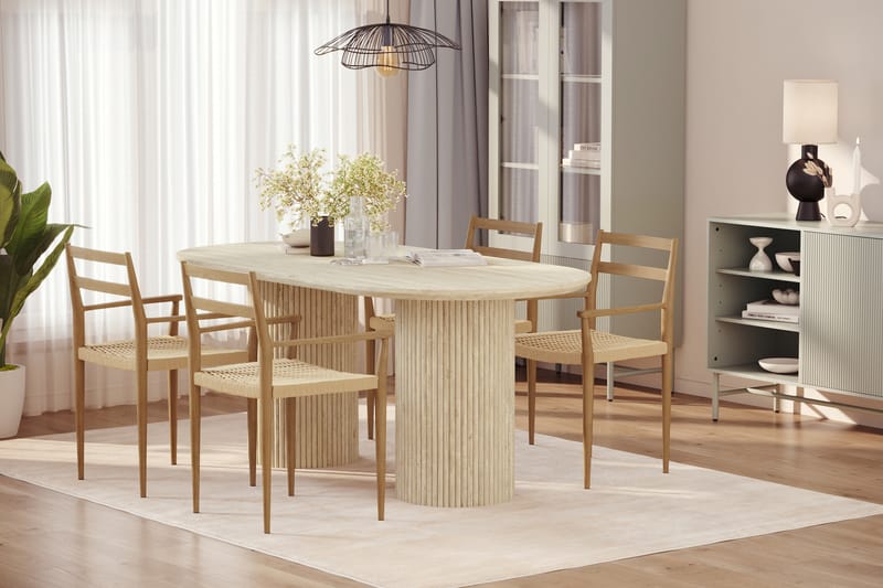 Uppveda Spisebord med travertin-look med 4 stk Jamna Armstoler - Beige - Møbler - Bord - Spisegrupper