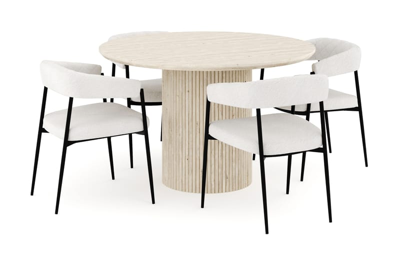 Uppveda Spisegruppe 120 cm Rund med 4 Ayana Spisestoler, Travertin