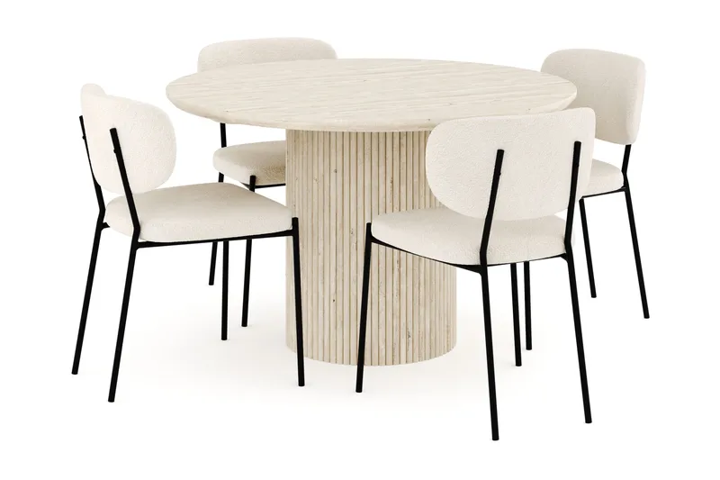 Uppveda Spisegruppe 120 cm Rund med 4 Gemmiano Spisestoler, Travertin