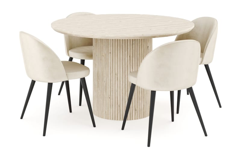 Uppveda Spisegruppe 120 cm Rund med 4 Valeri Fløyelsstoler, Travertin