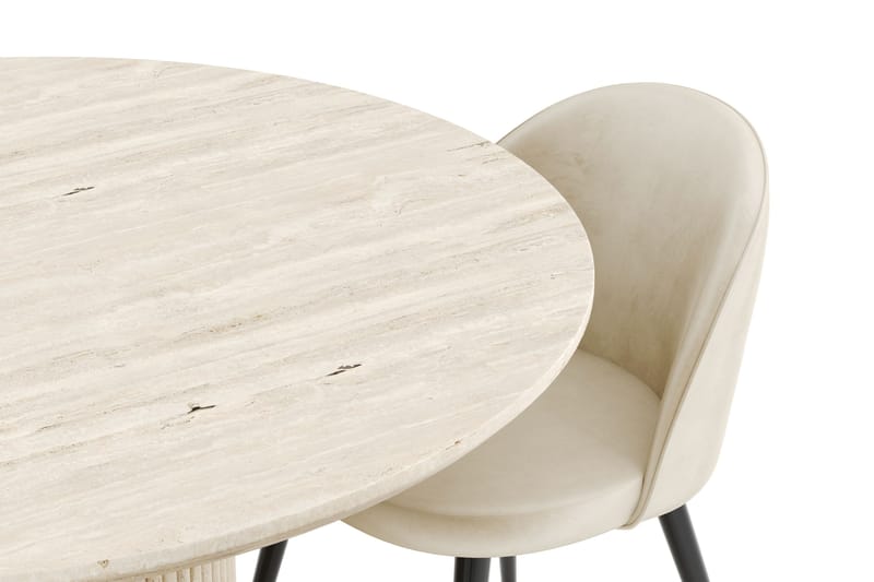 Uppveda Spisegruppe 120 cm Rund med 4 Valeri Fløyelsstoler - Travertin - Møbler - Bord - Spisegrupper