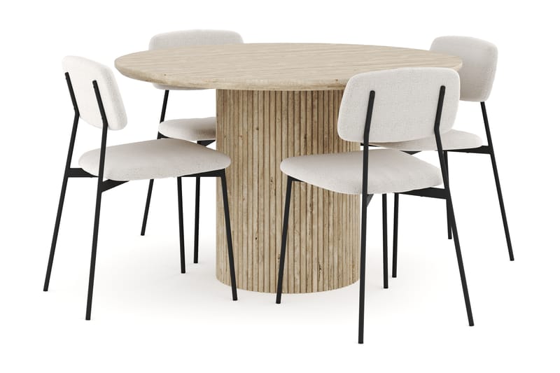Uppveda Spisegruppe 120 cm Rund Travertin med 4 Lowe Spisestoler - Travertin - Møbler - Bord - Spisegrupper