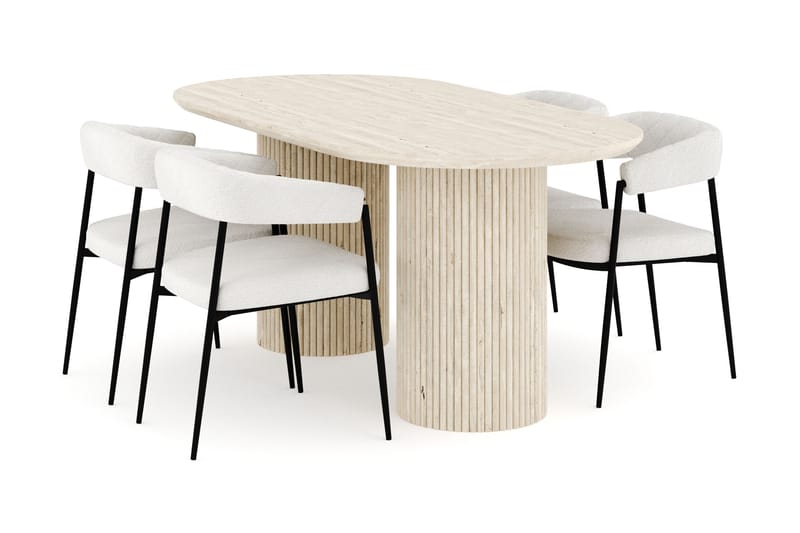 Uppveda Spisegruppe 180 cm Oval med 4 Ayana Spisestoler, Travertin