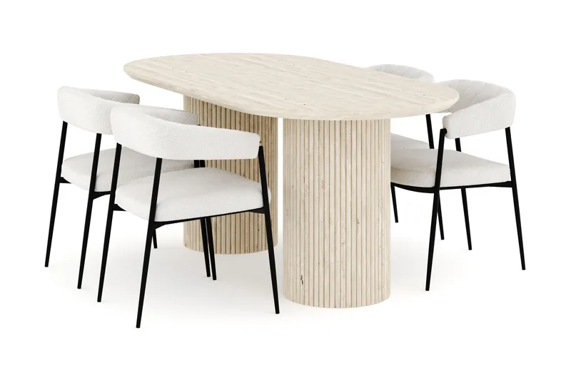 Uppveda Spisegruppe 180 cm Oval med 4 Ayana Spisestoler, Travertin