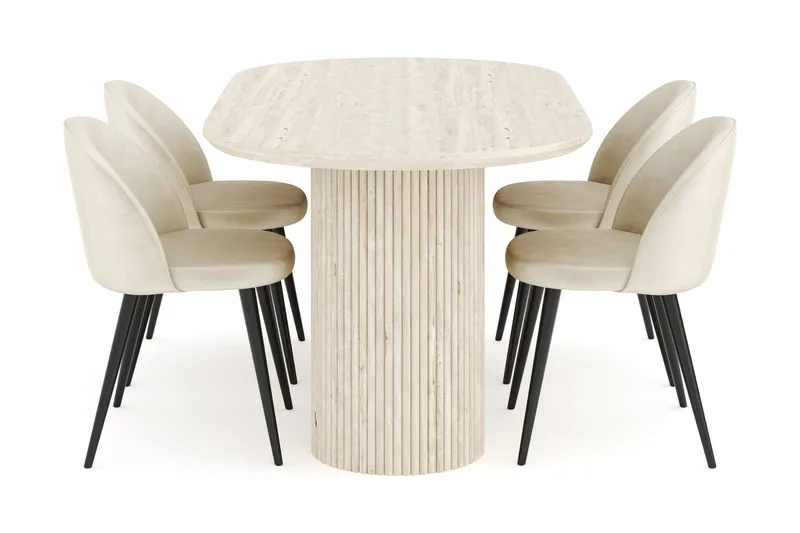 Uppveda Spisegruppe 180 cm Oval med 4 Valeri Fløyelsstoler - Travertin - Møbler - Bord - Spisegrupper