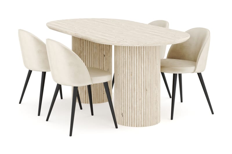 Uppveda Spisegruppe 180 cm Oval med 4 Valeri Fløyelsstoler - Travertin - Møbler - Bord - Spisegrupper