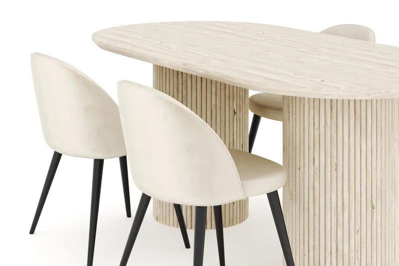 Uppveda Spisegruppe 180 cm Oval med 4 Valeri Fløyelsstoler - Travertin - Møbler - Bord - Spisegrupper