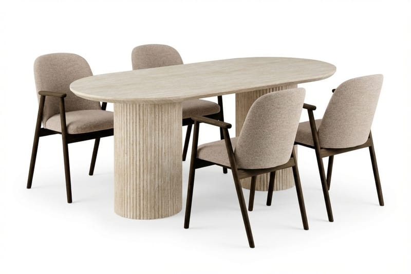 Uppveda Spisegruppe 180 cm Oval Travertin med 4 Reciclar Spisestoler, Travertin/Greige