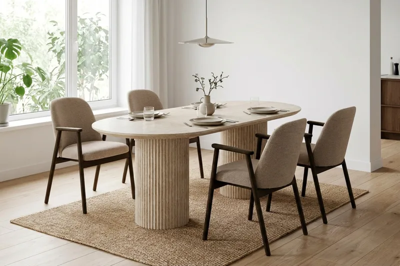 Uppveda Spisegruppe 180 cm Oval Travertin med 4 Reciclar Spisestoler - Travertin/Greige - Møbler - Bord - Spisegrupper