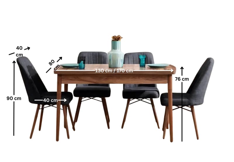 Uttrekkbart spisebord- og stolsett (5 deler) Homitis Lidyana (130 x 76 x 80 cm) Antrasitt - Antrasitt - Møbler - Bord - Spisegrupper