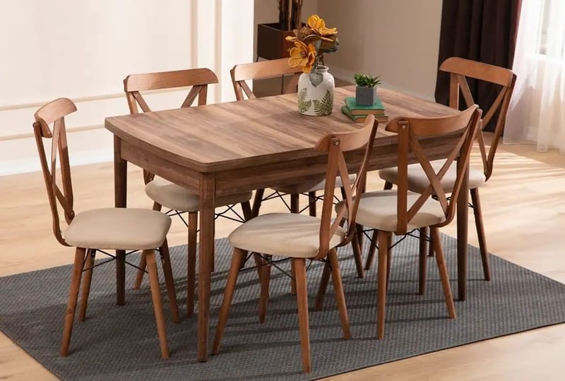 Uttrekkbart spisebord- og stolsett (7 deler) Homitis Cenova (130 x 76 x 80 cm) brun - Møbler - Bord - Spisegrupper