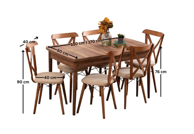 Uttrekkbart spisebord- og stolsett (7 deler) Homitis Cenova (130 x 76 x 80 cm) brun - Møbler - Bord - Spisegrupper