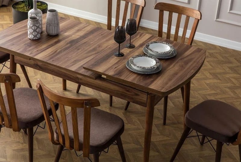 Uttrekkbart spisebord- og stolsett (7 deler) Homitis Fergana (130 x 76 x 80 cm) Brun - Møbler - Bord - Spisegrupper