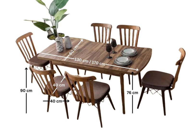 Uttrekkbart spisebord- og stolsett (7 deler) Homitis Fergana (130 x 76 x 80 cm) Brun - Møbler - Bord - Spisegrupper