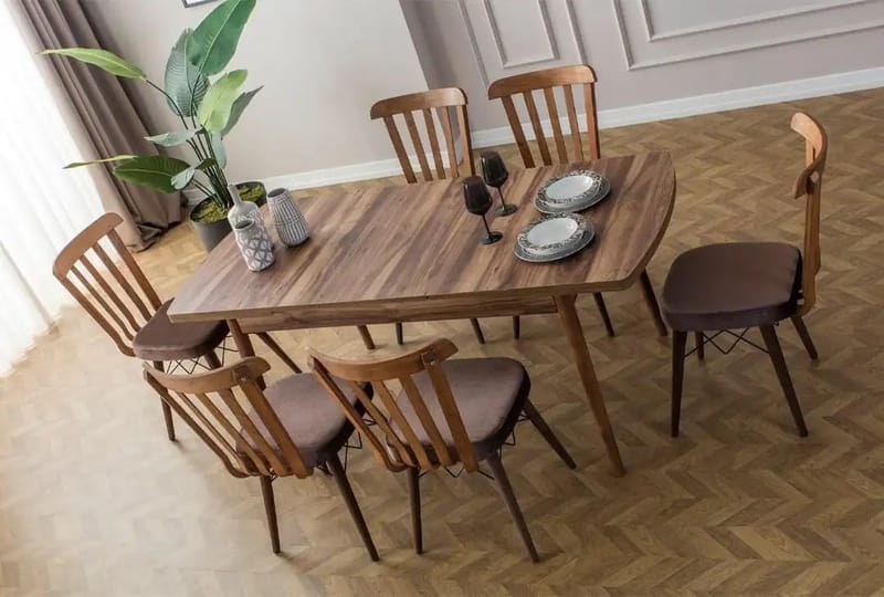 Uttrekkbart spisebord- og stolsett (7 deler) Homitis Fergana (130 x 76 x 80 cm) Brun - Møbler - Bord - Spisegrupper