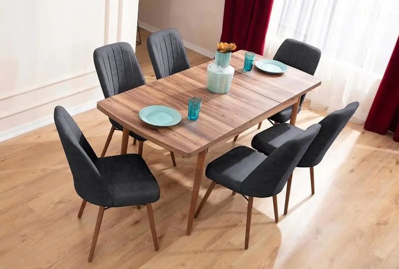 Uttrekkbart spisebord- og stolsett (7 deler) Homitis Lidyana (130 x 76 x 80 cm) Antrasitt - Møbler - Bord - Spisegrupper
