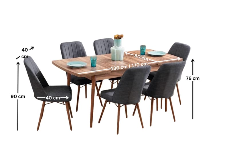 Uttrekkbart spisebord- og stolsett (7 deler) Homitis Lidyana (130 x 76 x 80 cm) Antrasitt - Møbler - Bord - Spisegrupper