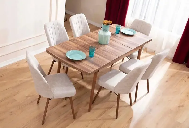 Uttrekkbart spisebord- og stolsett (7 deler) Homitis Lidyana (130 x 76 x 80 cm) Krem - Møbler - Bord - Spisegrupper