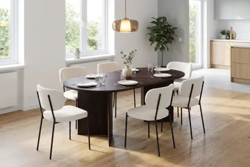 Vera Rektangulær Spisegruppe 180 cm – Spisebord i Træ med Røget Egeudseende og 6 Polstrede Gemmiano Spisestole - Brun|Hvit - Møbler - Bord - Spisegrupper