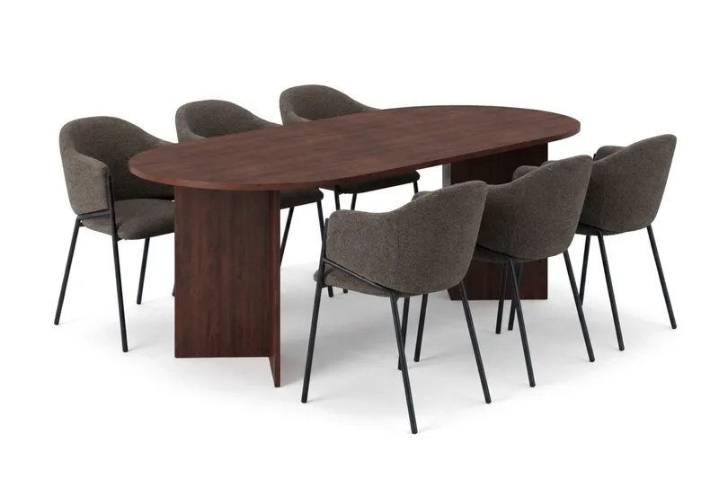 Vera spisegruppe, oval 180 cm, med 6 Filip spisestoler, Valnøtt