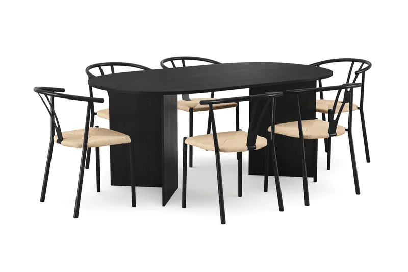 Vera spisegruppe rektangulær 180 cm svart med 6 Elysia spisestoler, Svartbeiset eik