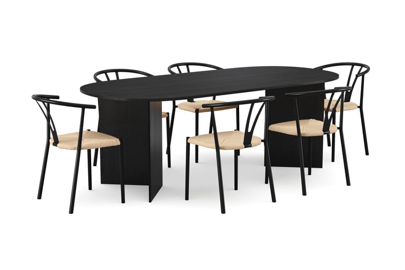 Vera spisegruppe rektangulær 220 cm svart med 6 Elysia spisestoler, Svartbeiset eik
