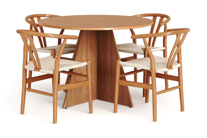Vera spisegruppe rund 110 cm eik med 4 Dastoori spisestoler, Eik