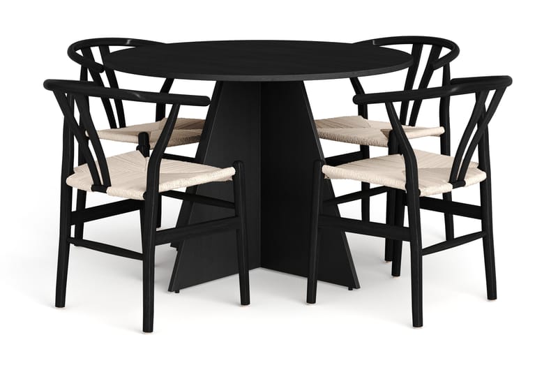 Vera spisegruppe rund 110 cm svart med 4 Dastoori spisestoler, Svartbeiset eik