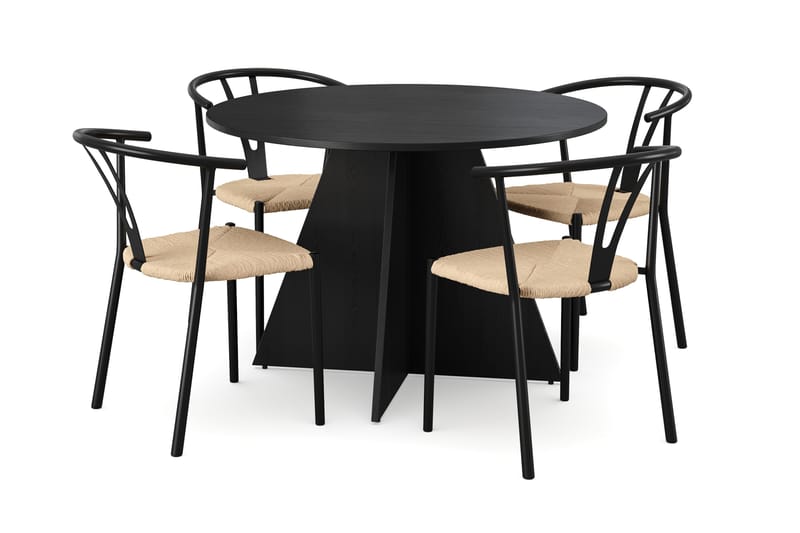 Vera spisegruppe rund 110 cm svart med 4 Elysia spisestoler, Svartbeiset eik