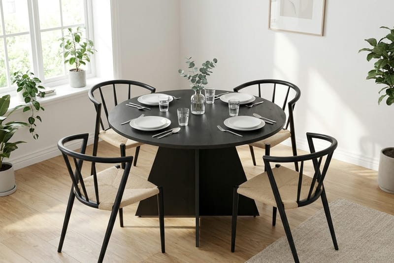 Vera spisegruppe rund 110 cm svart med 4 Winston spisestoler - Svart - Møbler - Bord - Spisegrupper