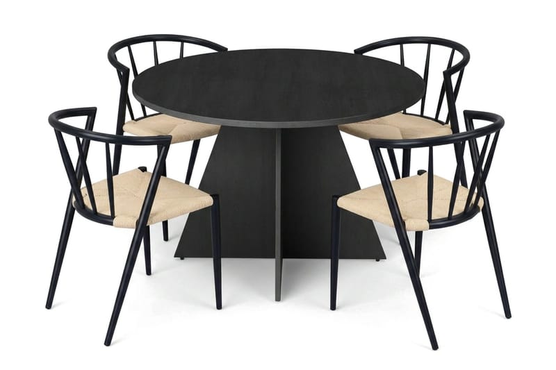 Vera spisegruppe rund 110 cm svart med 4 Winston spisestoler, Svartbeiset eik