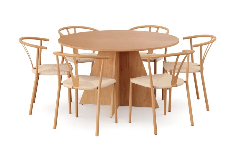 Vera spisegruppe rund 130 cm eik med 6 Elysia spisestoler, Eik