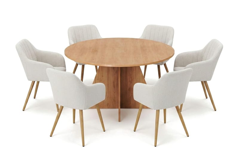 Vera spisegruppe rund 130 cm eik med 6 Filippa spisestoler, Eik