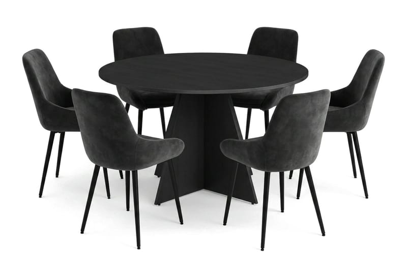 Vera spisegruppe rund 130 cm svart med 6 Alsarp spisestoler, Svartbeiset eik