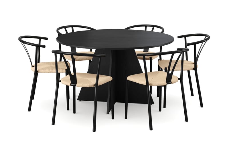 Vera spisegruppe rund 130 cm svart med 6 Elysia spisestoler, Svartbeiset eik