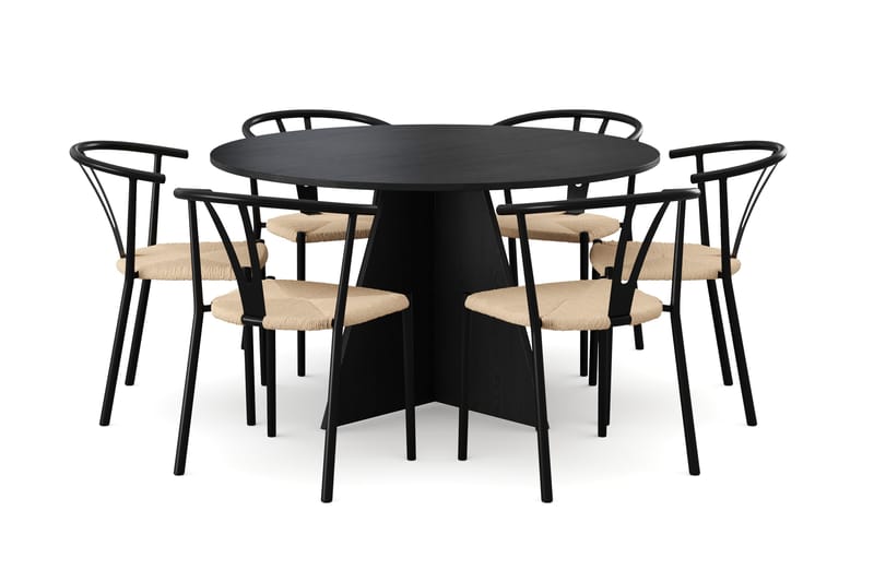 Vera spisegruppe rund 130 cm svart med 6 Elysia spisestoler - Svartbeiset eik - Møbler - Bord - Spisegrupper