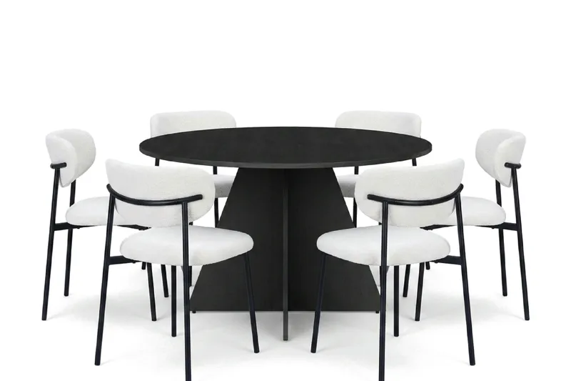 Vera spisegruppe rund 130 cm svart med 6 Lucy spisestoler, Svartbeiset eik